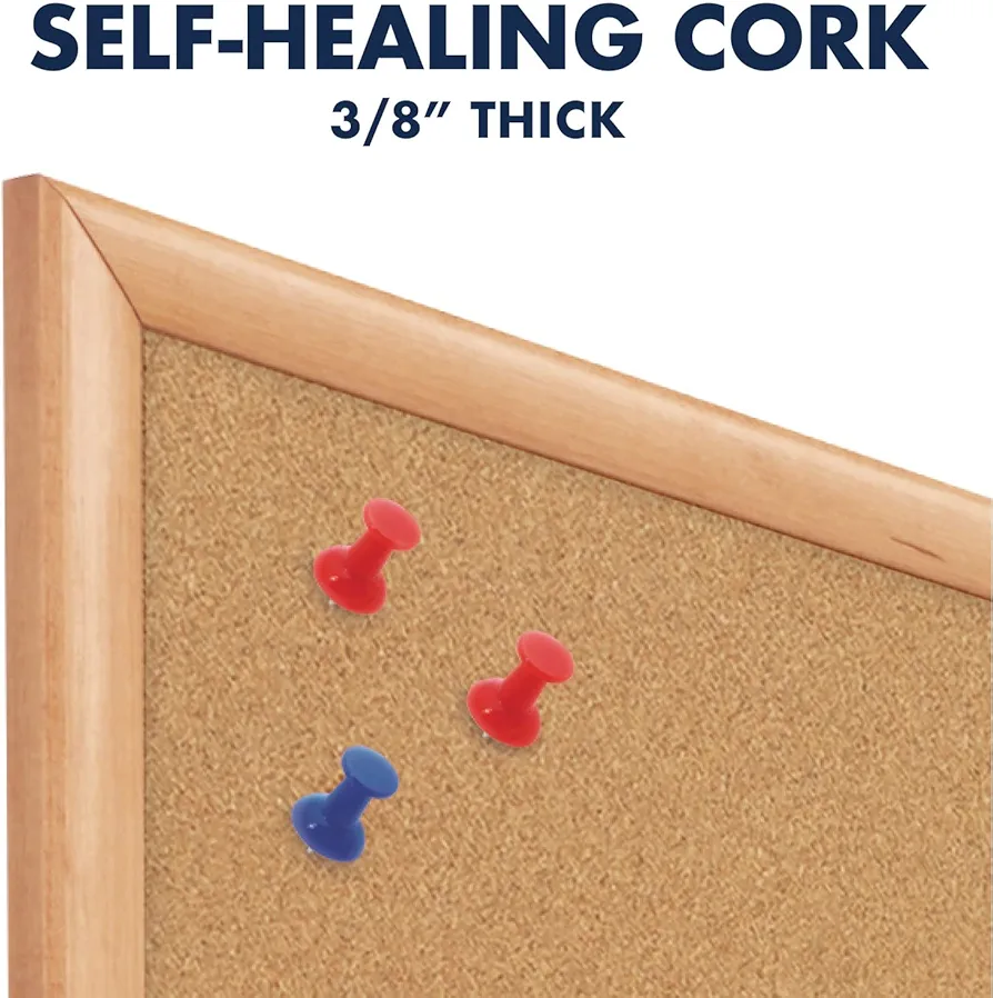 Quartet Cork Board Bulletin Board, 23" x 35" Framed Corkboard, Oak