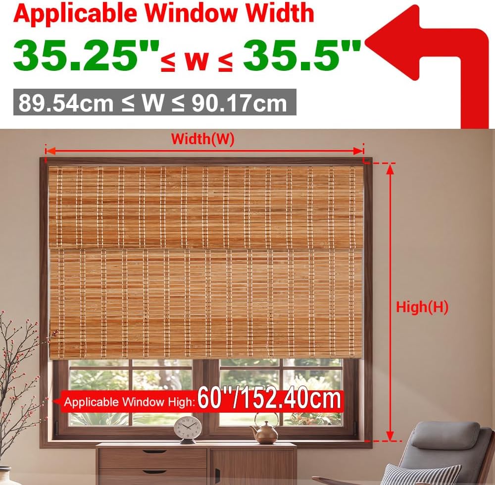 No Drill Bamboo Roman Shades with Lining, Blackout Blinds for Interior Windows, Room Darkening Roll Up Bamboo Blinds for Home & Patio,35" W x 60" H,Natural Bamboo