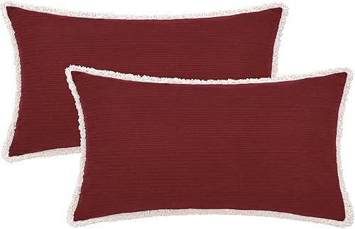 HWY 50 Juego de 2 fundas de almohada rectangulares decorativas de color rojo burdeos de 12 x 20 pulgadas para sofá, cama, felpilla suave y sólida,