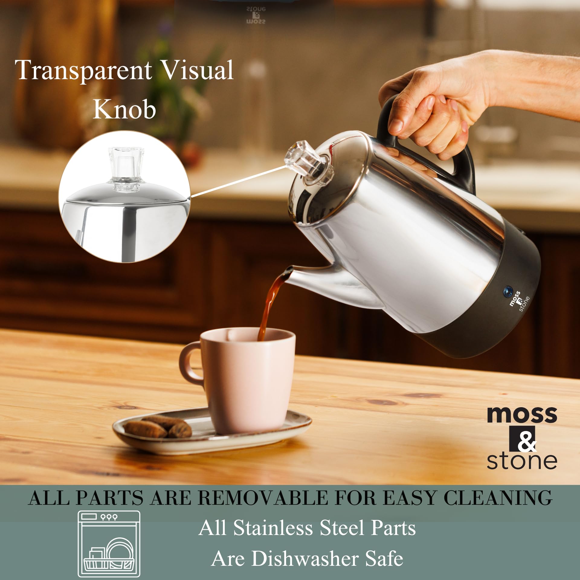 Moss & Stone Percolateur électrique 10 tasses, cafetière électrique en acier inoxydable, percolateur à café électrique avec fonction maintien au chaud, percolateur à 10 tasses en acier inoxydable avec