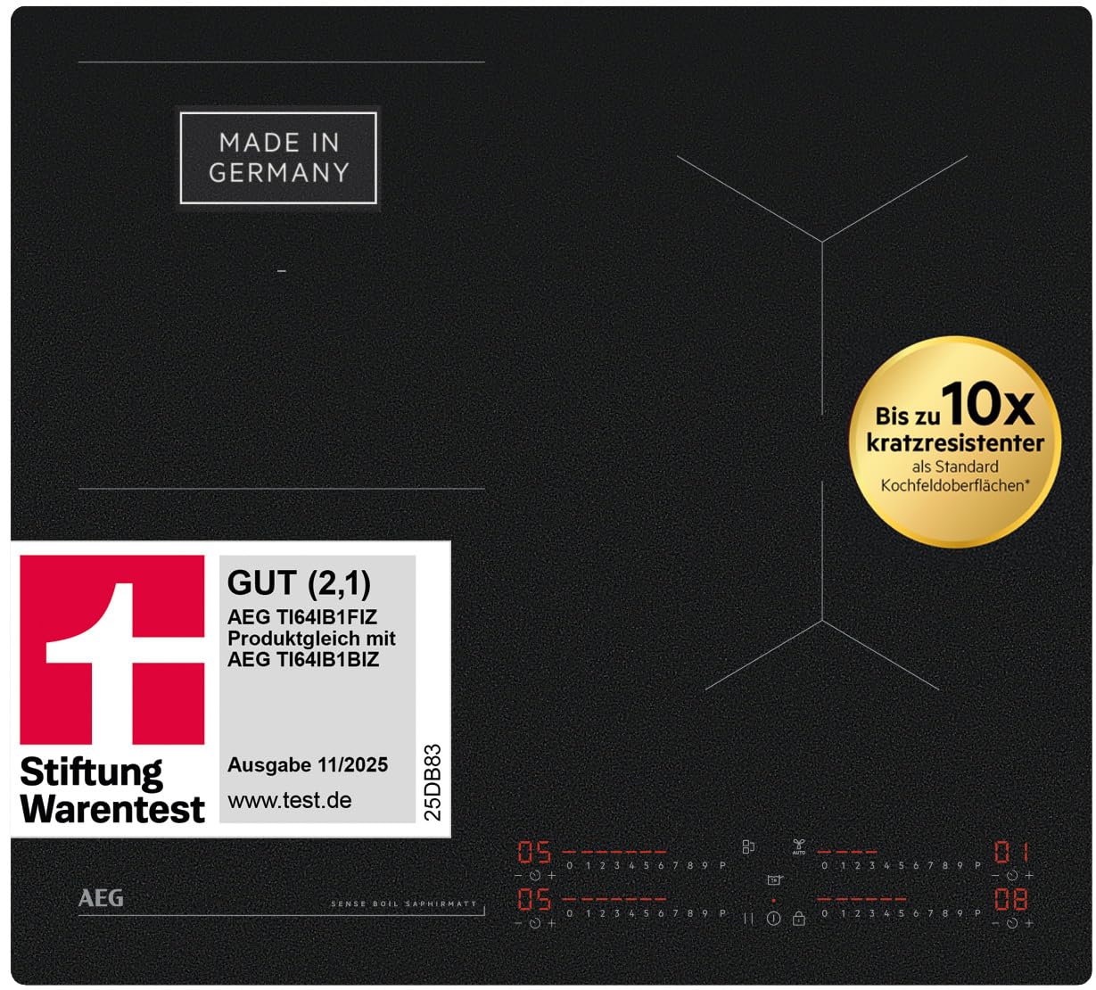 AEG Induktionskochfeld 60cm, Made in Germany, 4 Flex-Kochzonen mit Kratzresistenter SaphirMatt-Oberfläche, SenseBoil verhindert Überkochen, Bridge-Kombination 2er Zonen, Hob²Hood, TI64IB1FIZ