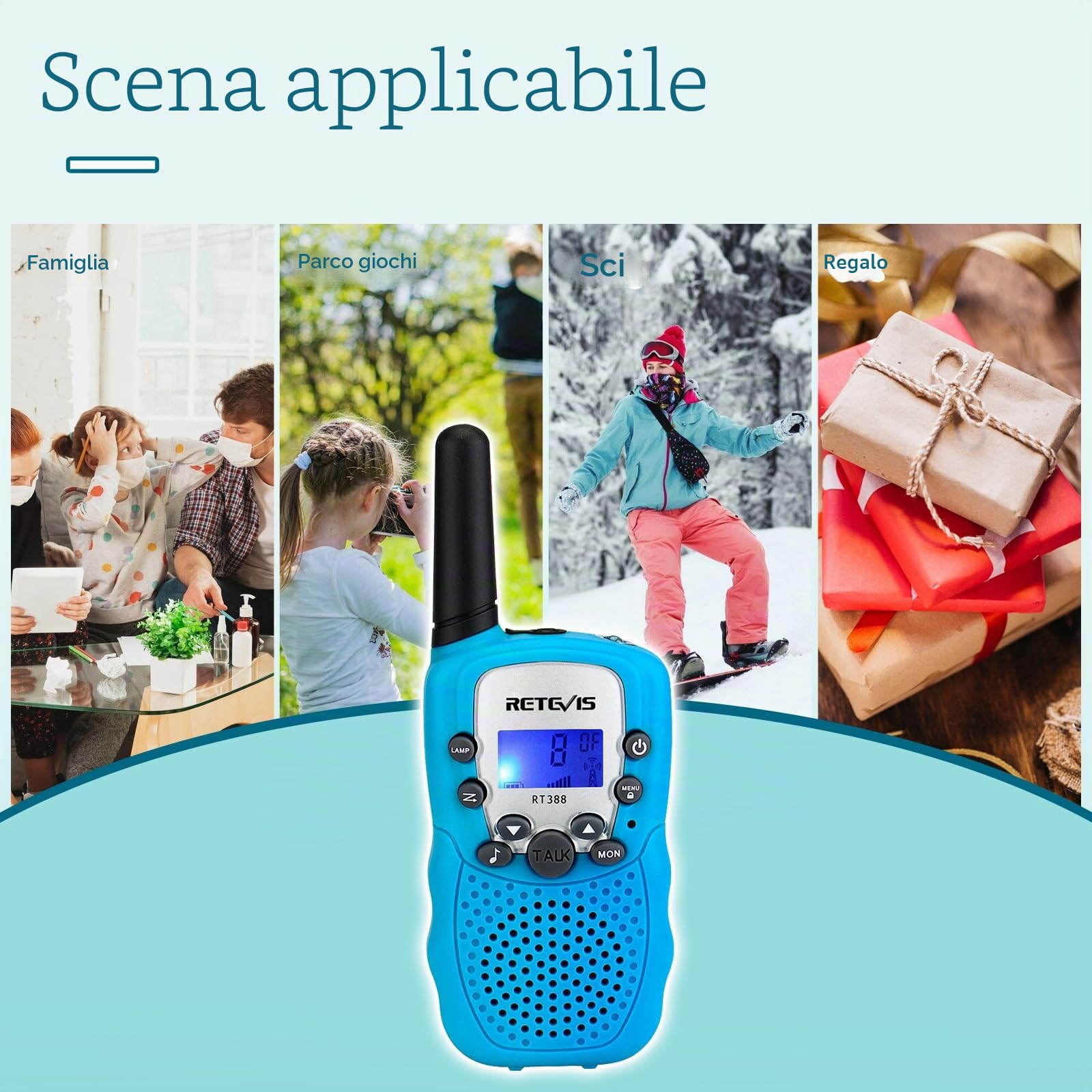 Retevis RT388 Walkie Talkie Bambini PMR446 8 Canali VOX Torcia 10 Toni Chiamata Blu 1 Coppia
