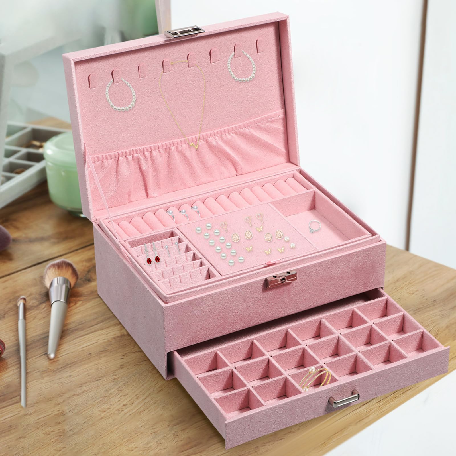 OUNONA Joyero Rosa Organizador de Joyas Cajones, de Varias Capas