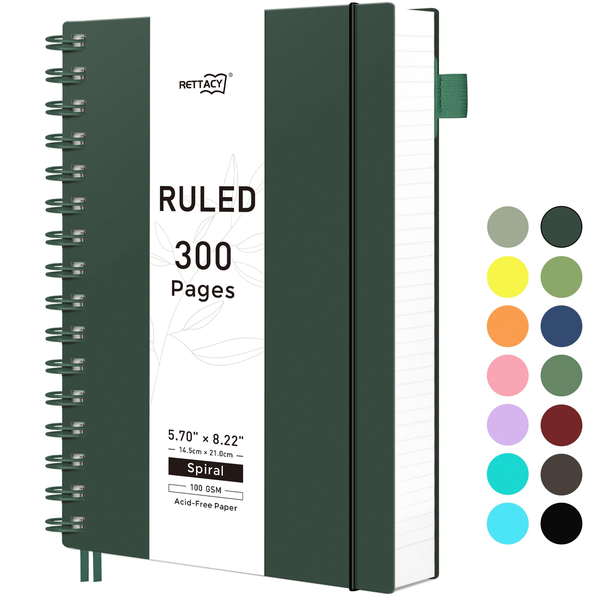 RETTACY Spiral College Ruled Notebook, 300 Pages, A5 Medium Size (5.7" x 8.2"), for School, Work, Writing, Journaling, 100 GSM Thick Paper, Flexible