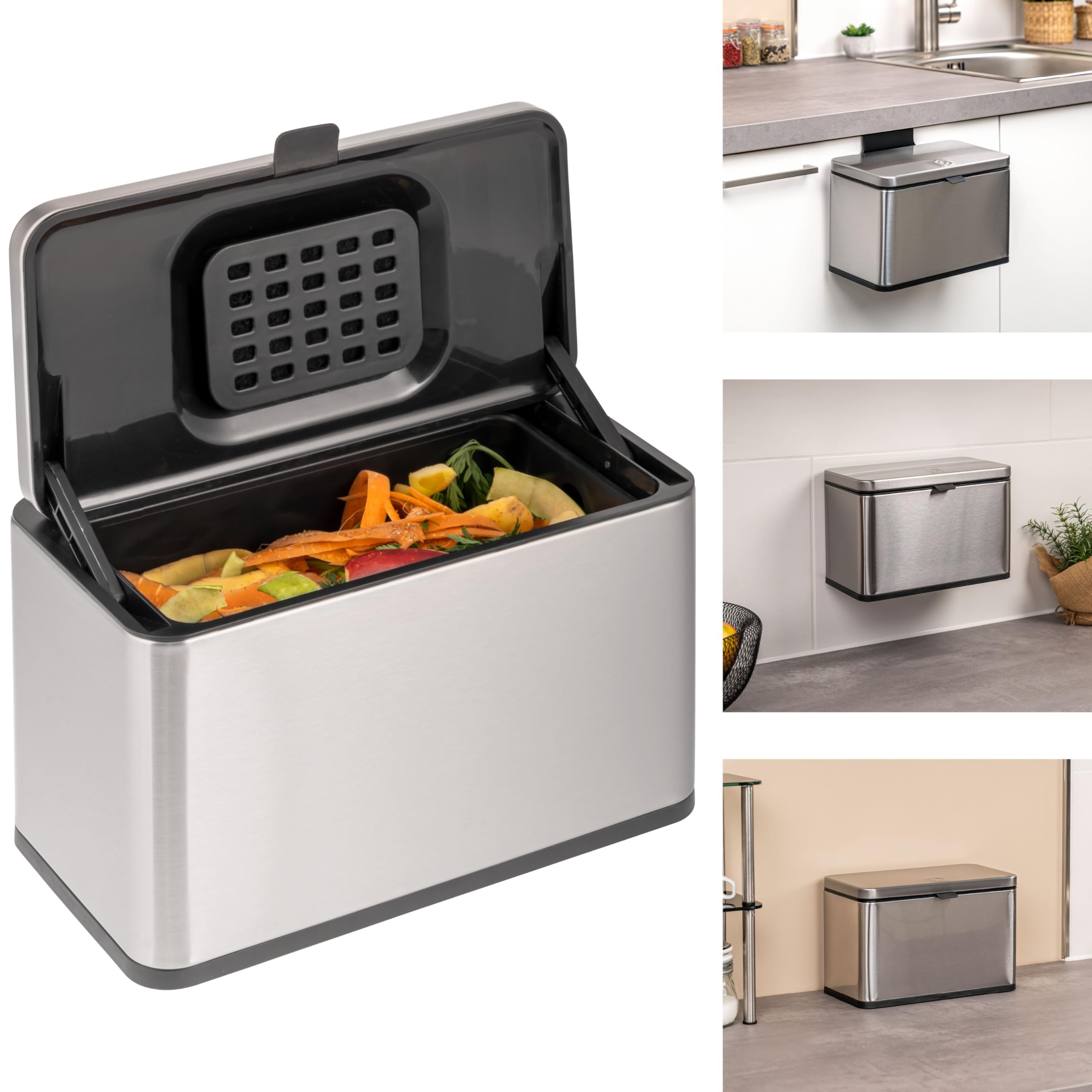 eluno Biomülleimer 3L mit Geruchsfilter, zum Hängen, Stellen oder Kleben, Komposteimer, 3 Montagearten (Metallisch)