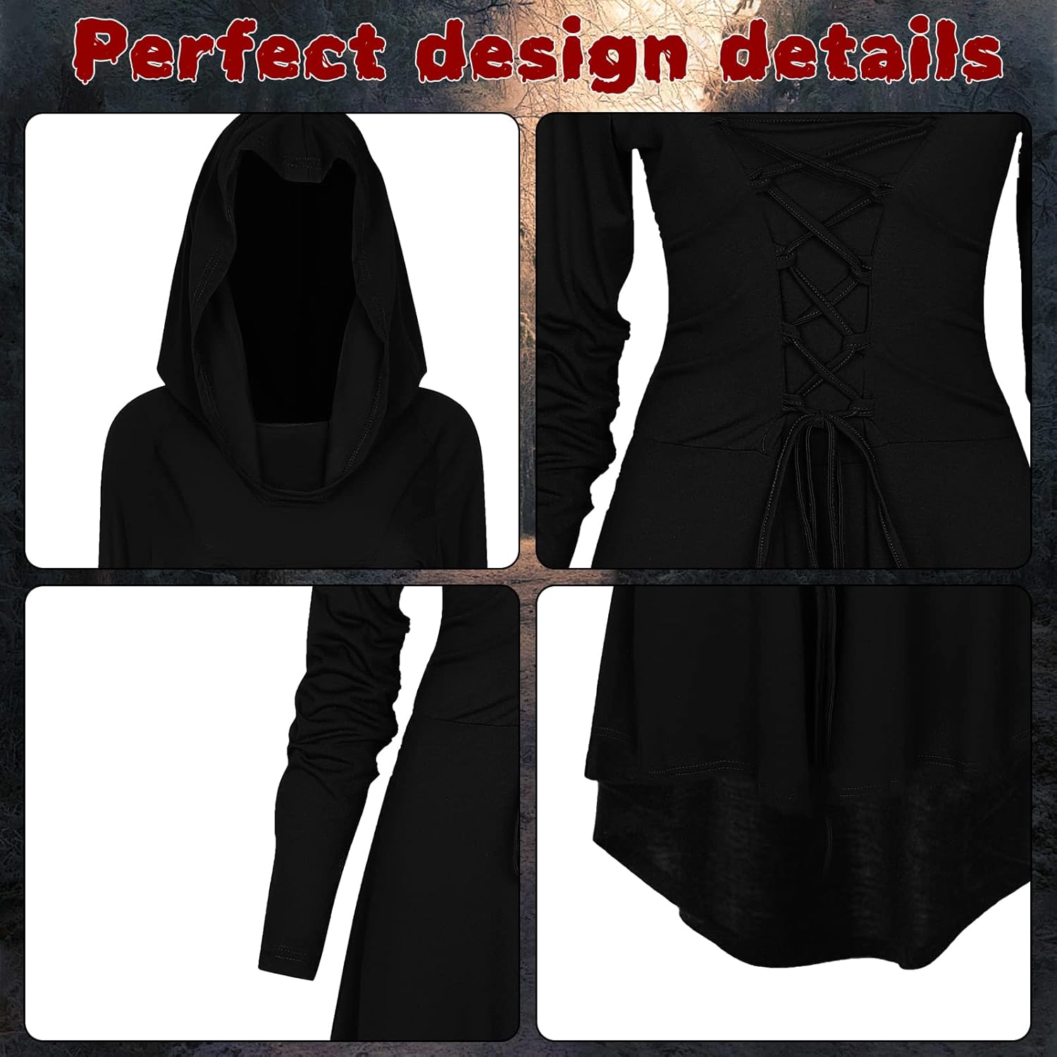 Womens Renaissance Costumes Hooded Robe Lace Up Renaissance Dress Women Halloween Vintage Medieval Cloak - Image 3