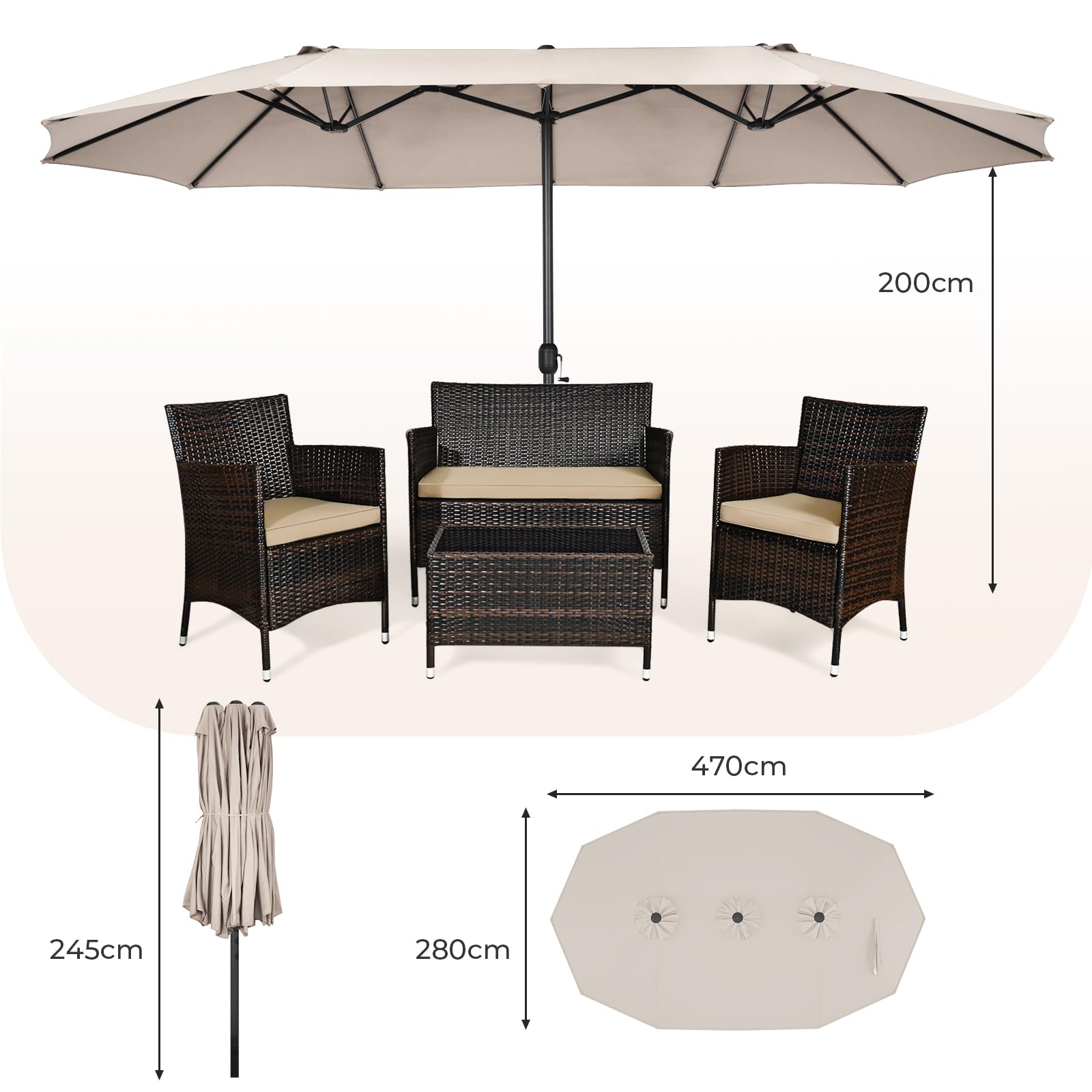 RELAX4LIFE Ombrellone Doppio da Giardino, Ombrellone da Balcone con Manovella, Parasole Impermeabile per Giardino, Patio, Coltile e Terrazza (Beige, 470 x 280 cm)