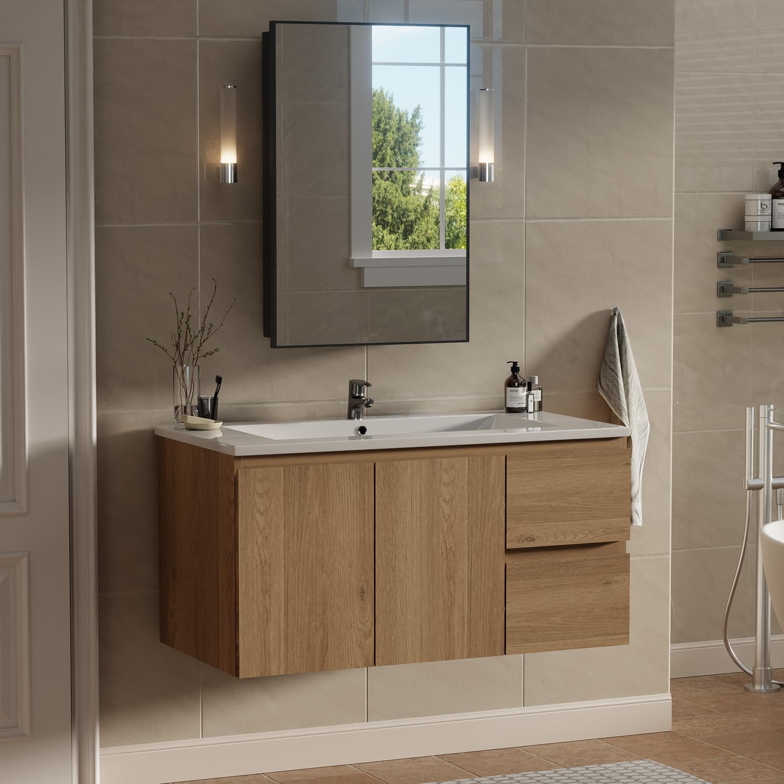 Badmöbel Set – Waschbecken mit Unterschrank 90 cm, 51cm Spiegelschrank & Waschtisch Set – Badezimmermöbel Wandhängend mit Keramik Waschbecken, Holzoptik, Oak-Dekor