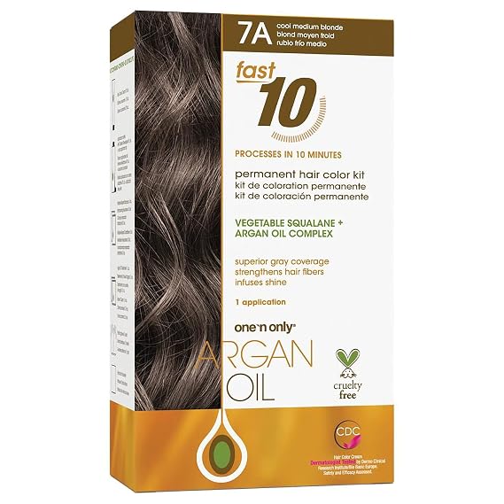 One N' Only Argan Oil Fast 10 Permanent Hair Color Kit 7A Cool Medium Blonde, Gray Hair Coverage in 10 Minutes, Helps Maintain Natural Moisture Balance, Advanced Micro-Pigments for Natural Tones
