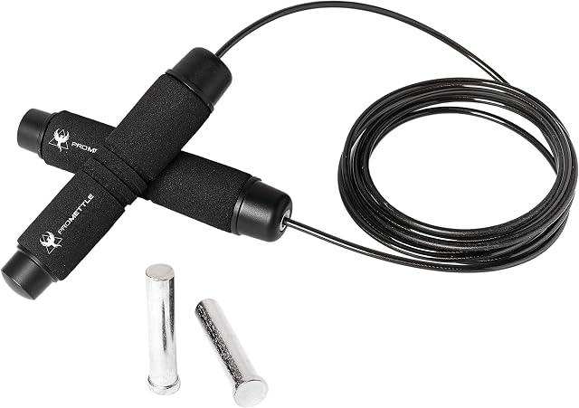 ProMettle 2-in-1 Skipping Rope, Removable Weights for Light or Heavy Weighted Handles, Rapid Ball Bearings, Soft Foam Handles, Adjustable PVC Coated Steel Cable, Weight Loss, Cardio
