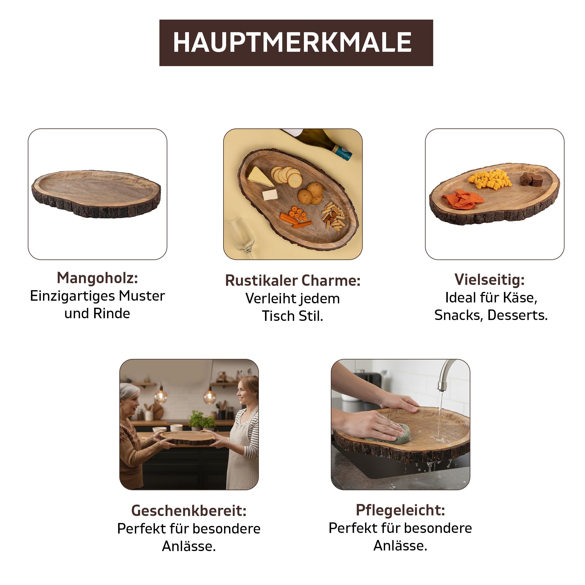 GoCraft Ovale Servierplatte aus Holz mit Baumrinde – Mangoholz-Charcuterie-Brett, 43,2 x 25,4 cm, rustikale Platte zum Servieren von Käse, Vorspeisen, Snacks, Obst und mehr – perfekt für Unterhaltung