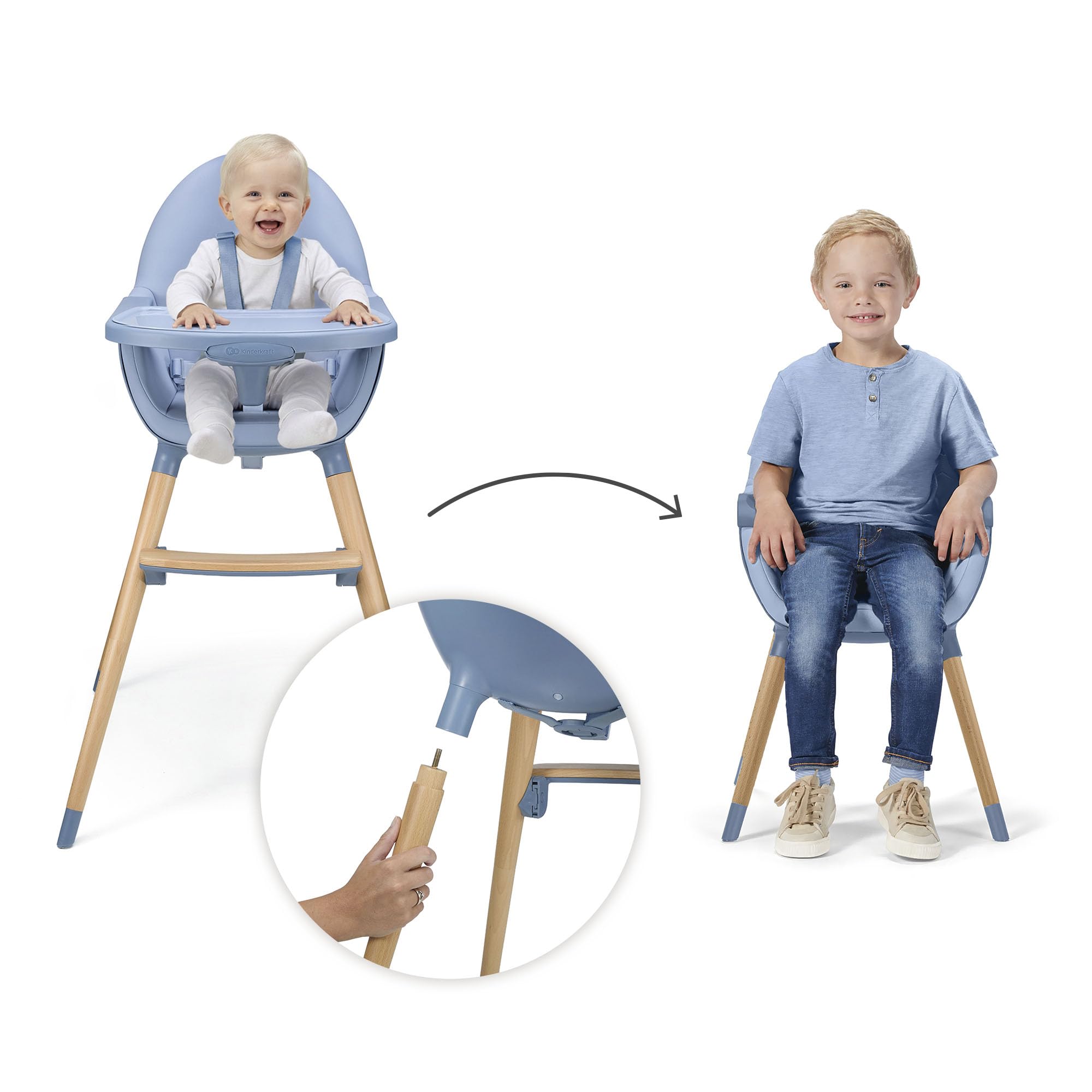 Kinderkraft FINI 2 Chaise Haute Bébé, 2 en 1, Fauteuil Enfant, Chaise Enfant, Puericulture Bébé, Évolutive, Réglable, Avec Plateau, Solide, Design Universel, Facilement lavable, 20kg, Nordic Breeze