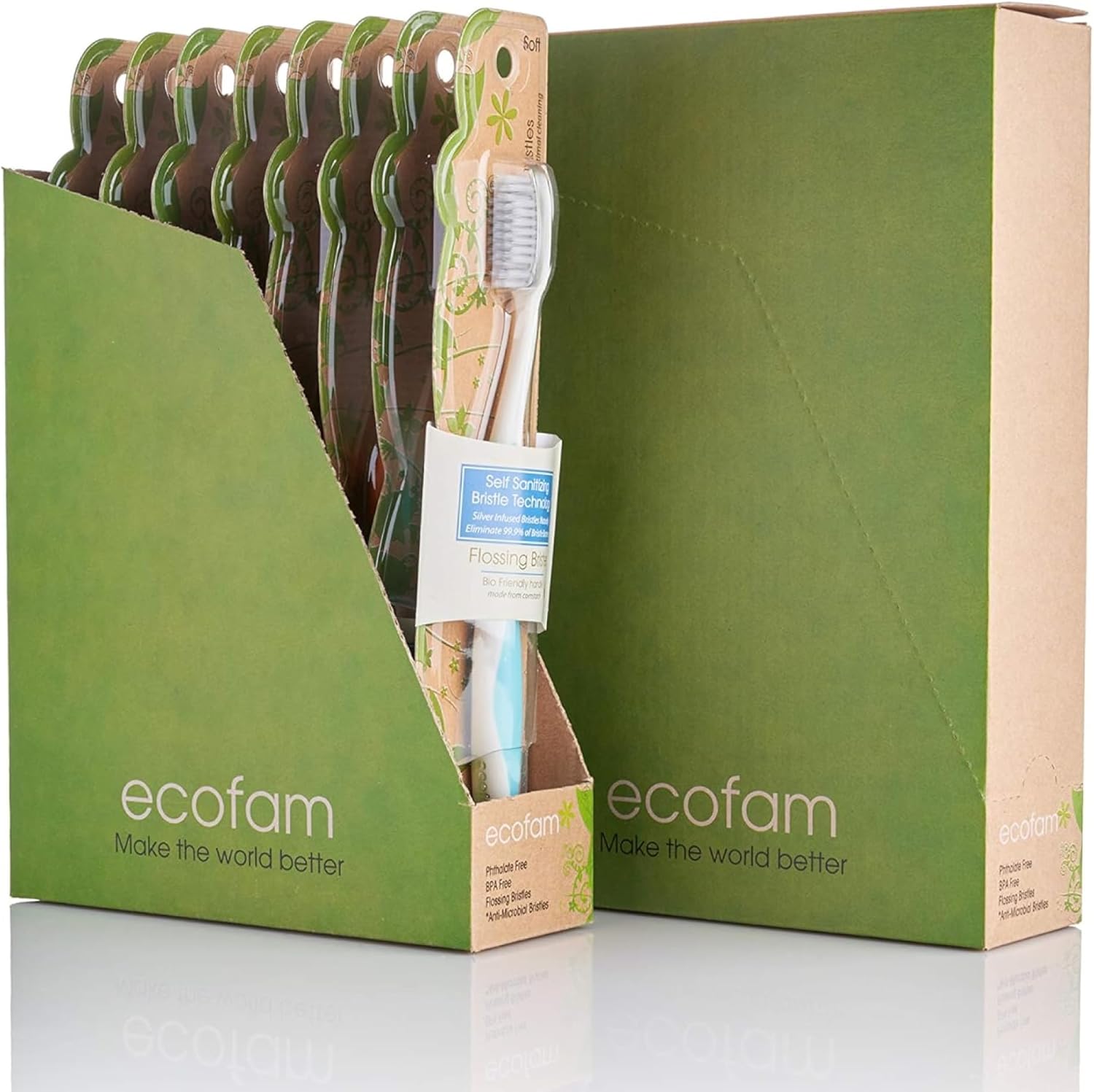 EcoFam Compostable Toothbushes, Dual Action Flossing Bristles, Silver Infused Soft Bristle Toothbrush, Natural Toothbrushes for Adults, Multi Color, 8-Pack