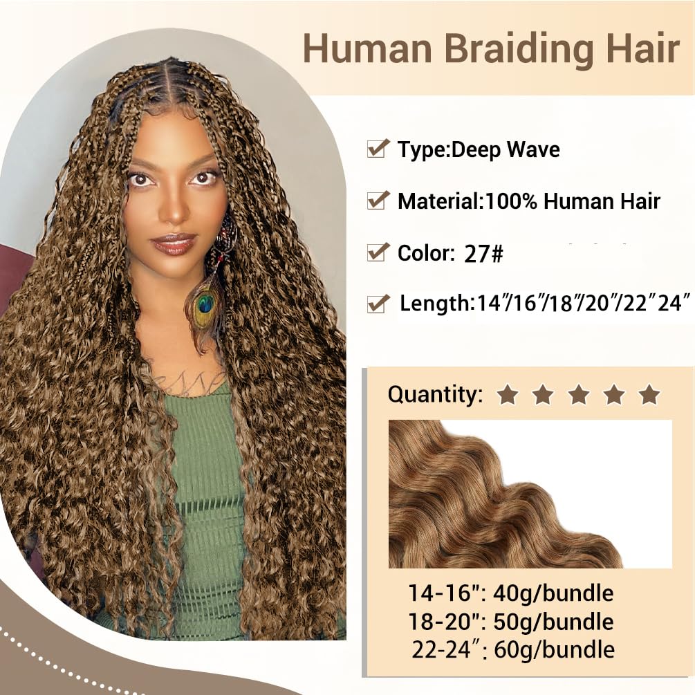 Human Braiding Hair for Boho Knotless Braids 1 Bundle 16 Inches 40g Deep Wave 10A Brazilian Virgin Human Bohemian Hair for Braiding Honey Blonde 27