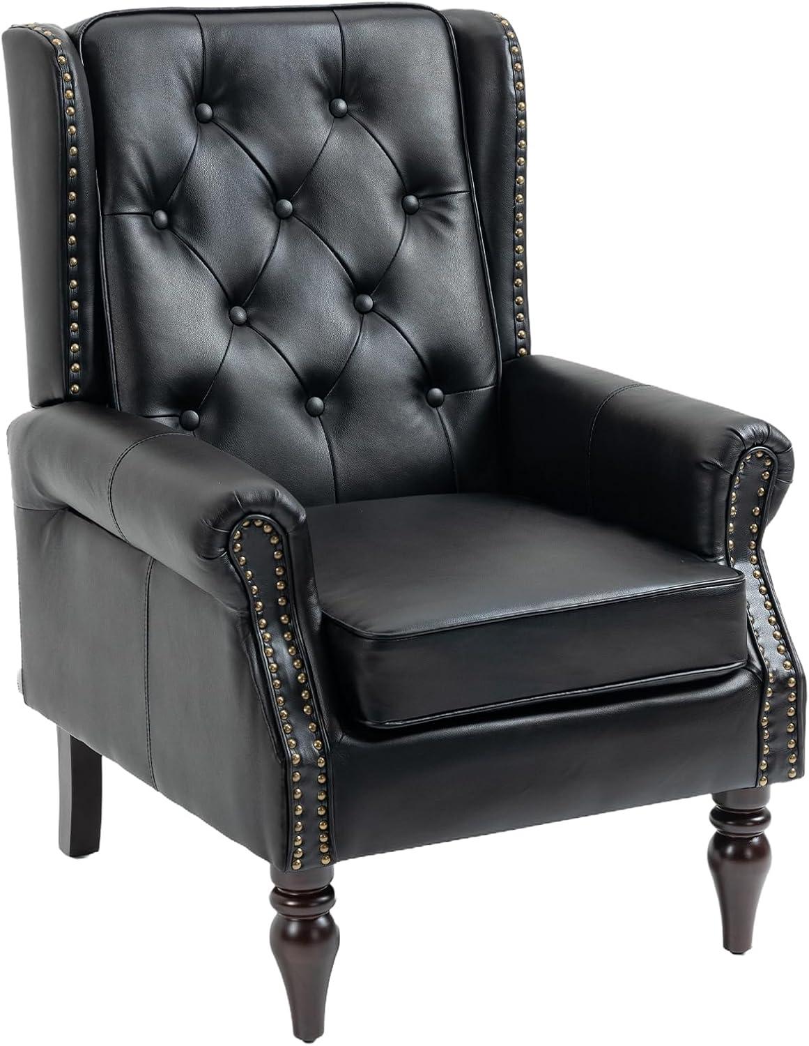 Mid Century PU Leather Accent Chair Modern Button Tufted Armchair Wingback Club Chair Single Sofa Lounge Chair with Tufted Button Back and Rivet Trim for Living Room Bedroom (Black-PU Leather)