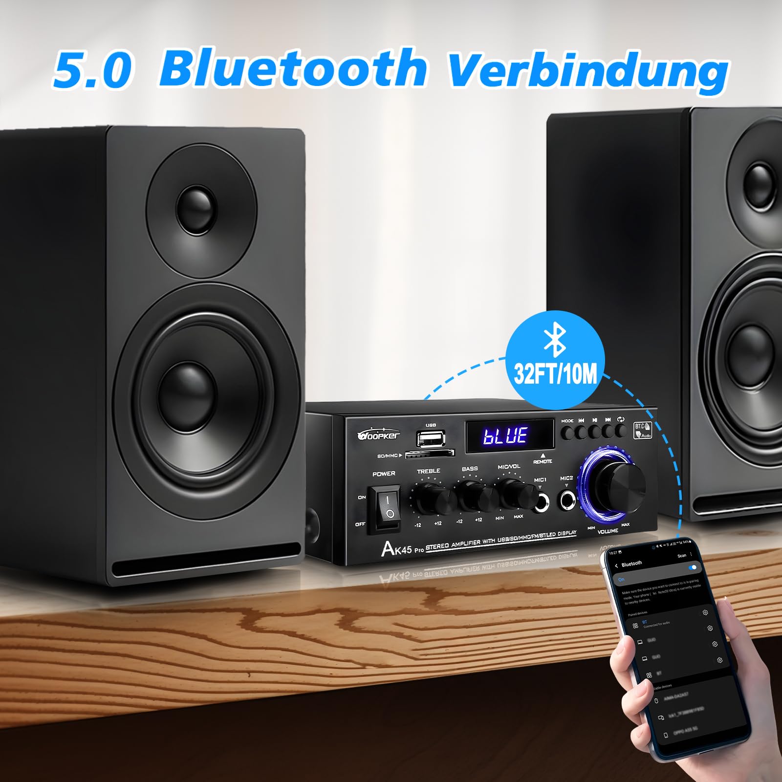 WOOPKER Wzmacniacz HiFi AK45 Pro Mini, Bluetooth 5.0, wzmacniacz stereo, 2-kanałowy wzmacniacz audio AV, odbiornik tonów wysokich i niskich z USB/RCA/MIC/Radio FM