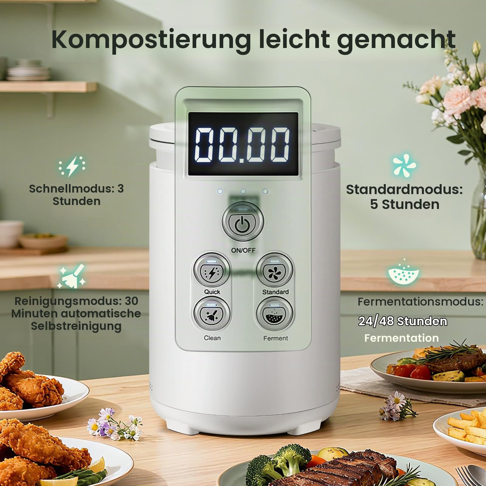 Huanyu Elektrischer Küchenkompostbehälter 4,5 l Elektrischer Komposter für die Küche Geruchsneutraler Lebensmittelrecycler für den Innenbereich mit automatischer Reinigungsfunktion