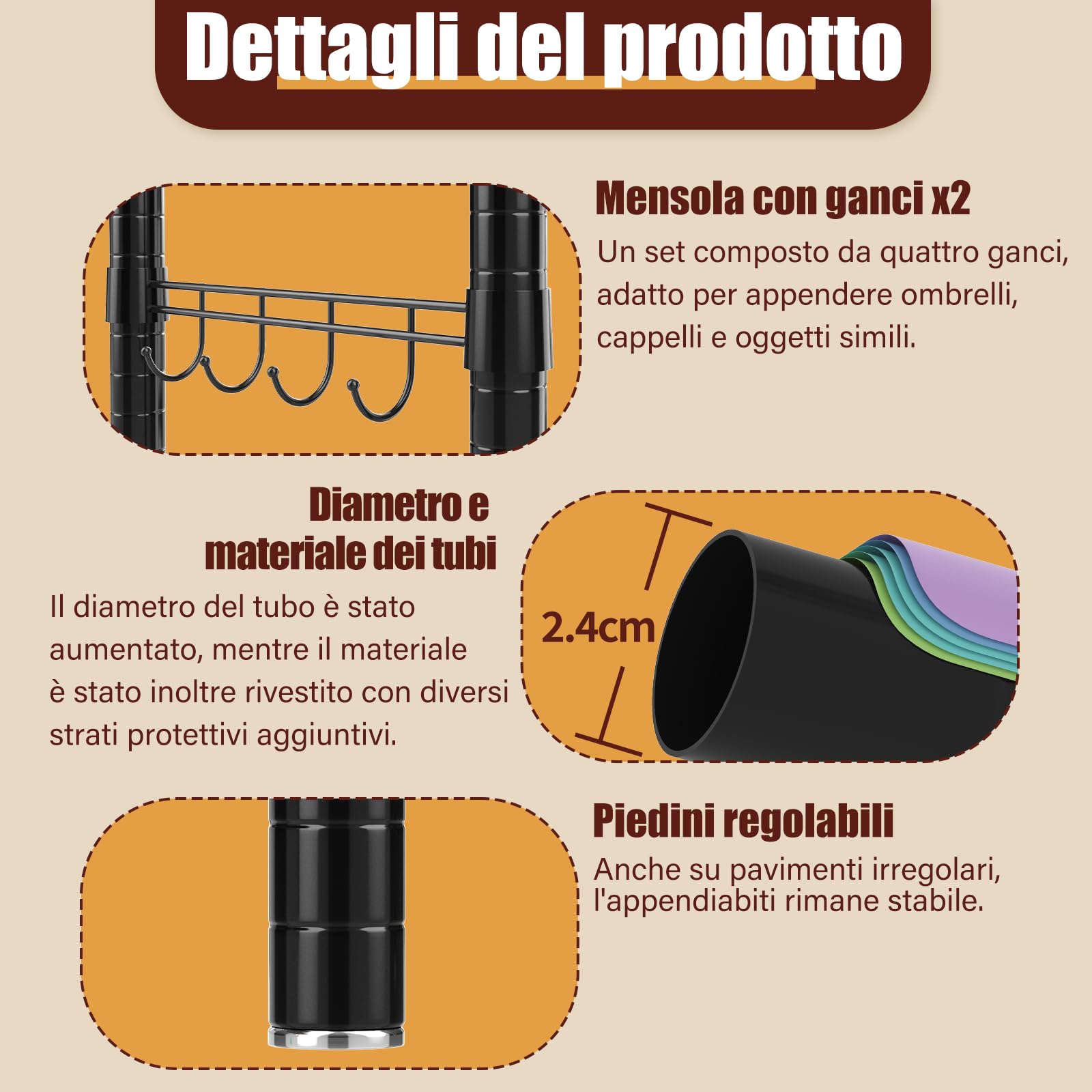 AQRA Appendiabiti da Terra Metallico, Armadio Aperto Cabina Componibile | 3 aste per abiti, ganci laterali, portata massima 372kg, dimensioni 144×42×193cm