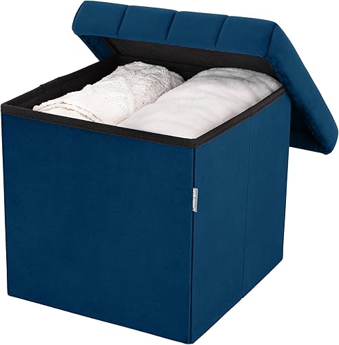 Miniatura 6 de Seville Classics Reposapiés otomano de tela acolchada, asiento acolchado para dormitorio, dormitorio, loft, sala de estar, entrada, pasillo, Azul