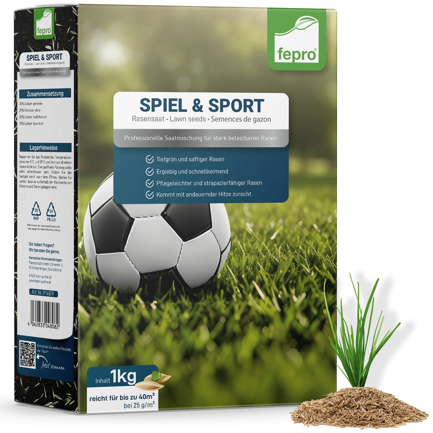 1kg Rasensamen Sport und Spiel schnellkeimend 40m², robust, tiefgrün, ideal für Neuansaat und Nachsaat, Rasensaat Grassamen Frühjahr