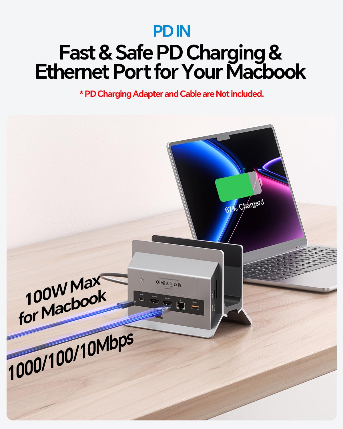 MacBook Dockingstation für Dual Monitore, Dual USB-C Laptop Docking Station mit 2 HDMI 4K@60Hz, USB A/C 10 Gbit/s, Ethernet, NVMe SSD Gehäuse, SD/TF Vertical Dock Ständer für MacBook Air/Pro M3 M4 M5 | PULWTOP Laptop Docking Station mit 2 HDMI, USB A/C 10