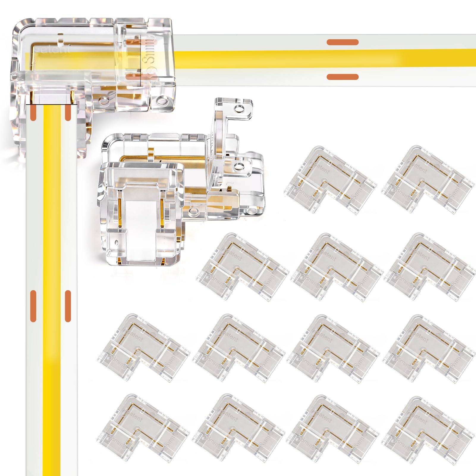 15 Pack L Shape LED Strip Connectors, 2 Pin 8mm Solderless Transparent Gapless Right Angle Corner Connectors for 12V 24V Single Color COB/SMD LED Light Strips