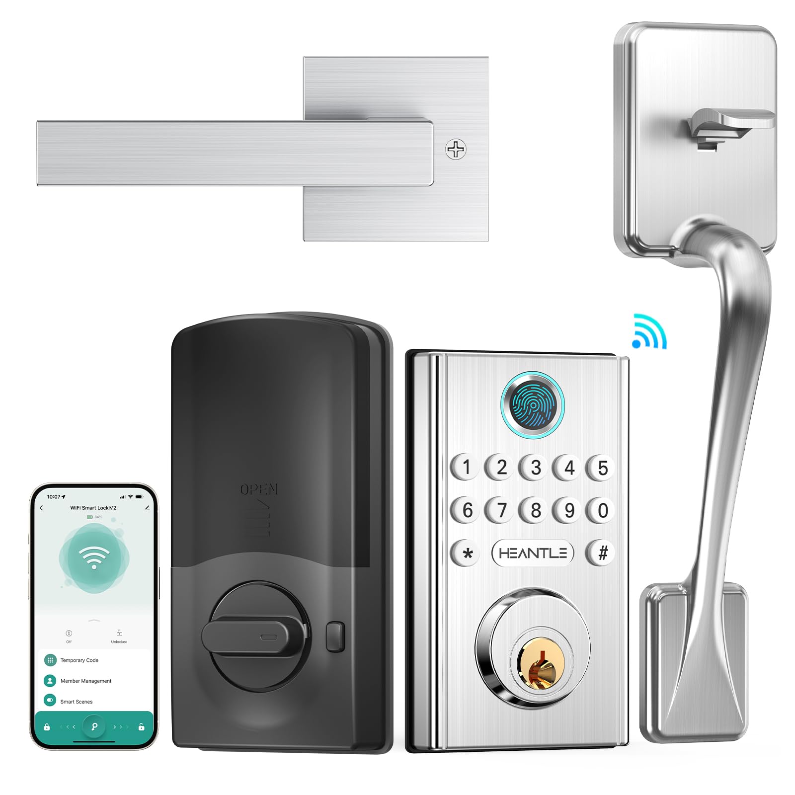 Woman using voice commands with an Alexa device to unlock her front door, with a Google Assistant device also visible.