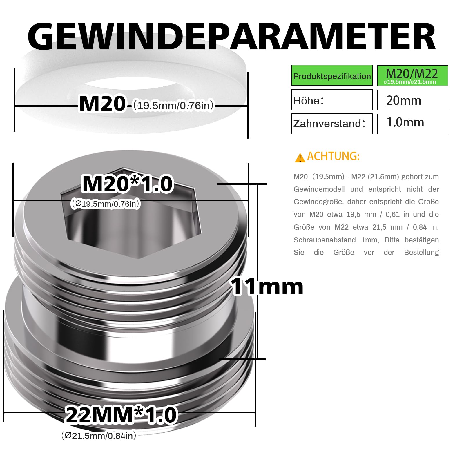 Adattatore per rubinetto M20 su M22 - 2 pezzi, adattatore filettato per filettatura esterna M20 e M22, adatto per rubinetti da cucina, risparmiatori d'acqua, depuratori d'acqua, raccordi per