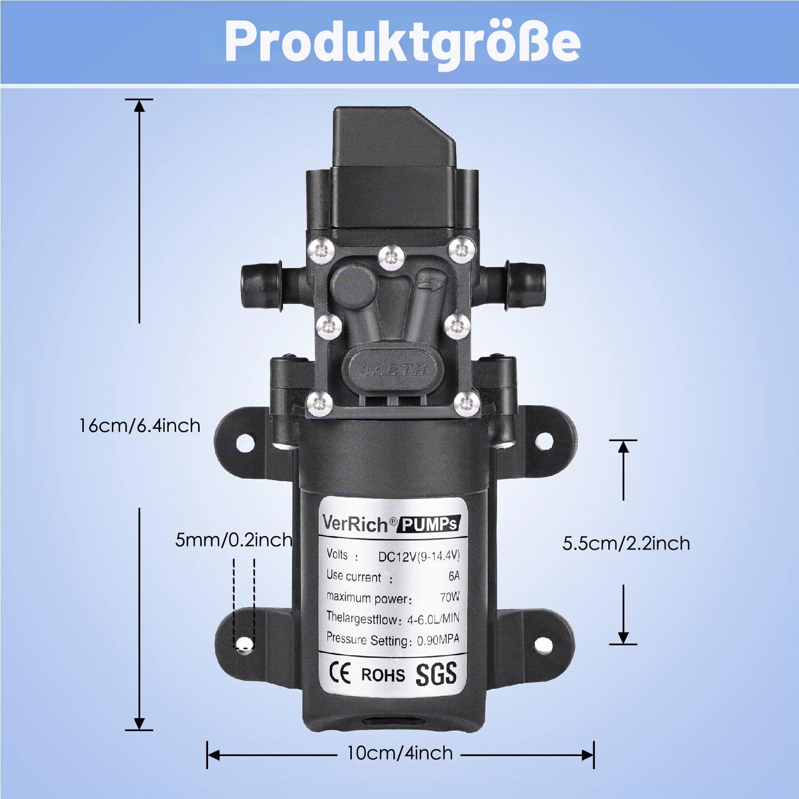 VerRich Diaphragm Pump, 12 V Water Pumps 70 W Self-Priming Pump 6 L/Min 0.9MPA 131 PSI with Pressure Switch with 2 Adjustable Hose Clamps