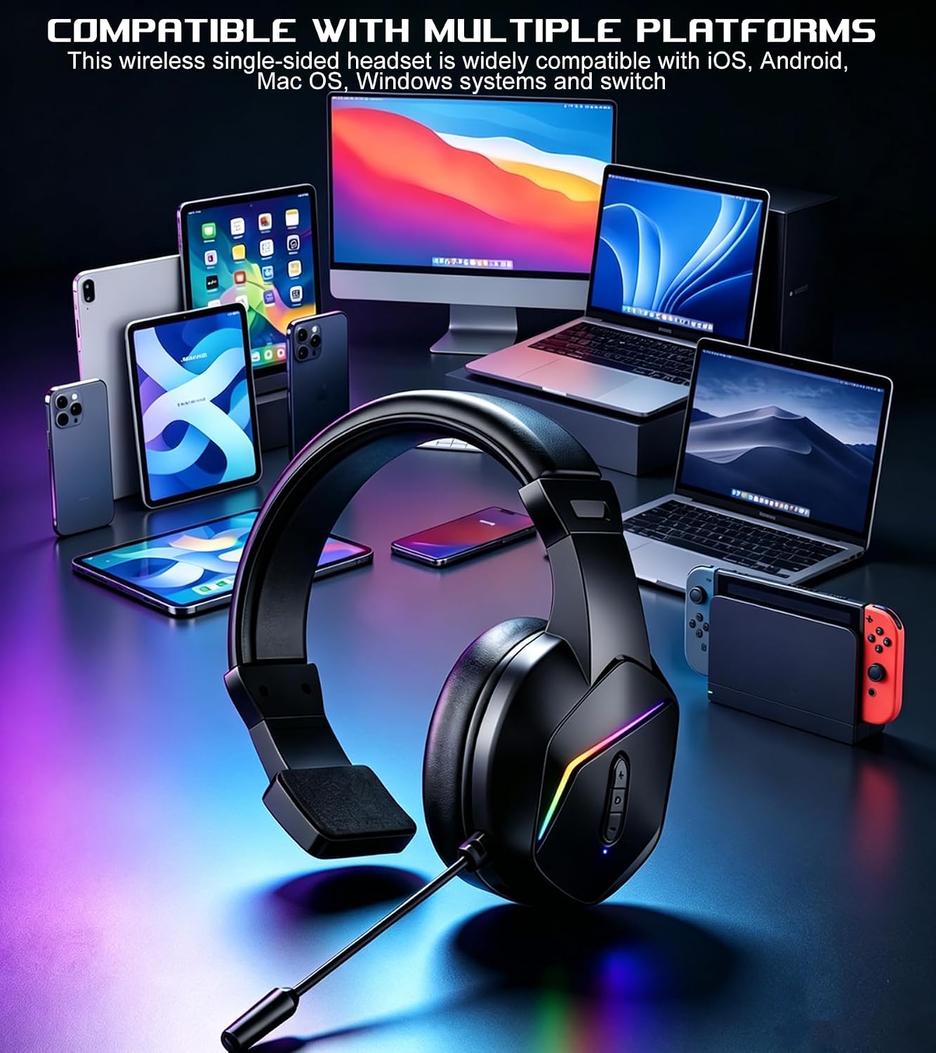 Wireless One Ear Headset with Mic, Single Ear Trucker Headset for PC/Computer/Laptop/Mac/iPad/iPhone/Android/Switch, Gaming Headphones with RGB Light, Mute Button for Truck Driver, Office Work, Chat 3 7134qmaKGmL. AC SL1500
