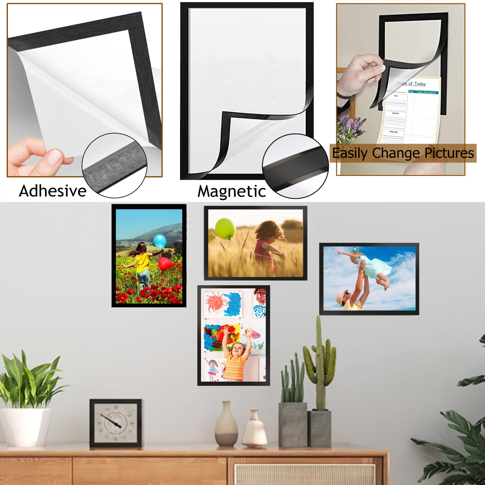 Gocoffun A5 Magnetische fotolijst, 10 stuks zelfklevende magnetische tekenhouder, magnetische fotolijst voor foto's, kennisgeving, fotolijst, thuismuur, kantoordecoratie (zwart