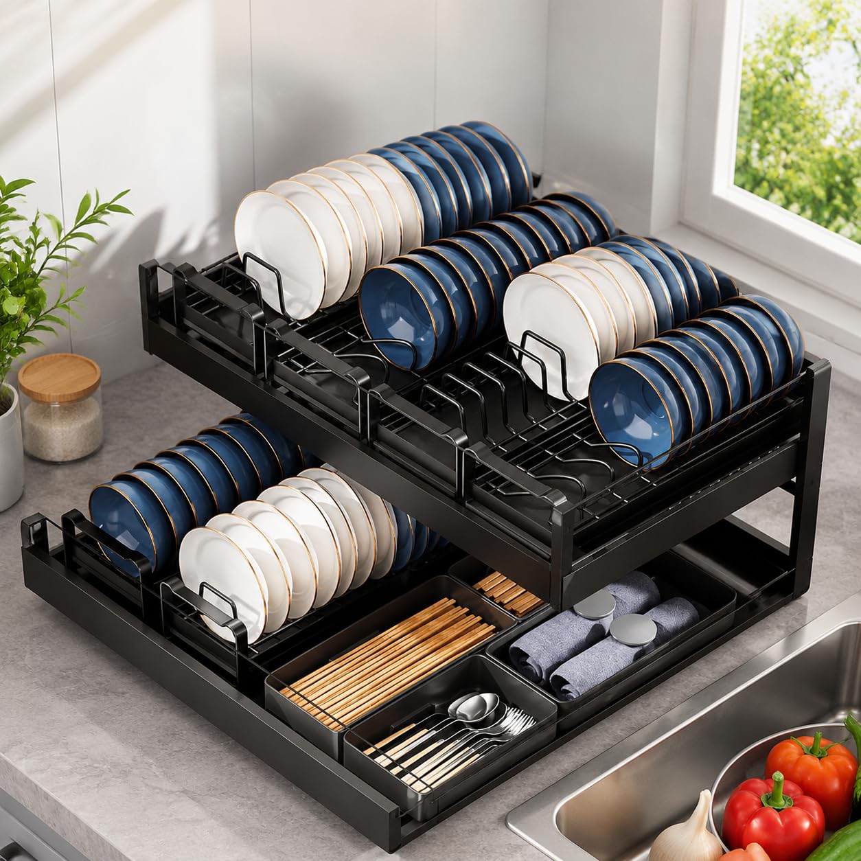 Küchen Geschirrabtropfgestell Edelstahl Geschirrständer Korb Organizer Langlebige Verarbeitung für Geschirrtrocknung Küche, Dark [Schalenständer] 47cm·Gro