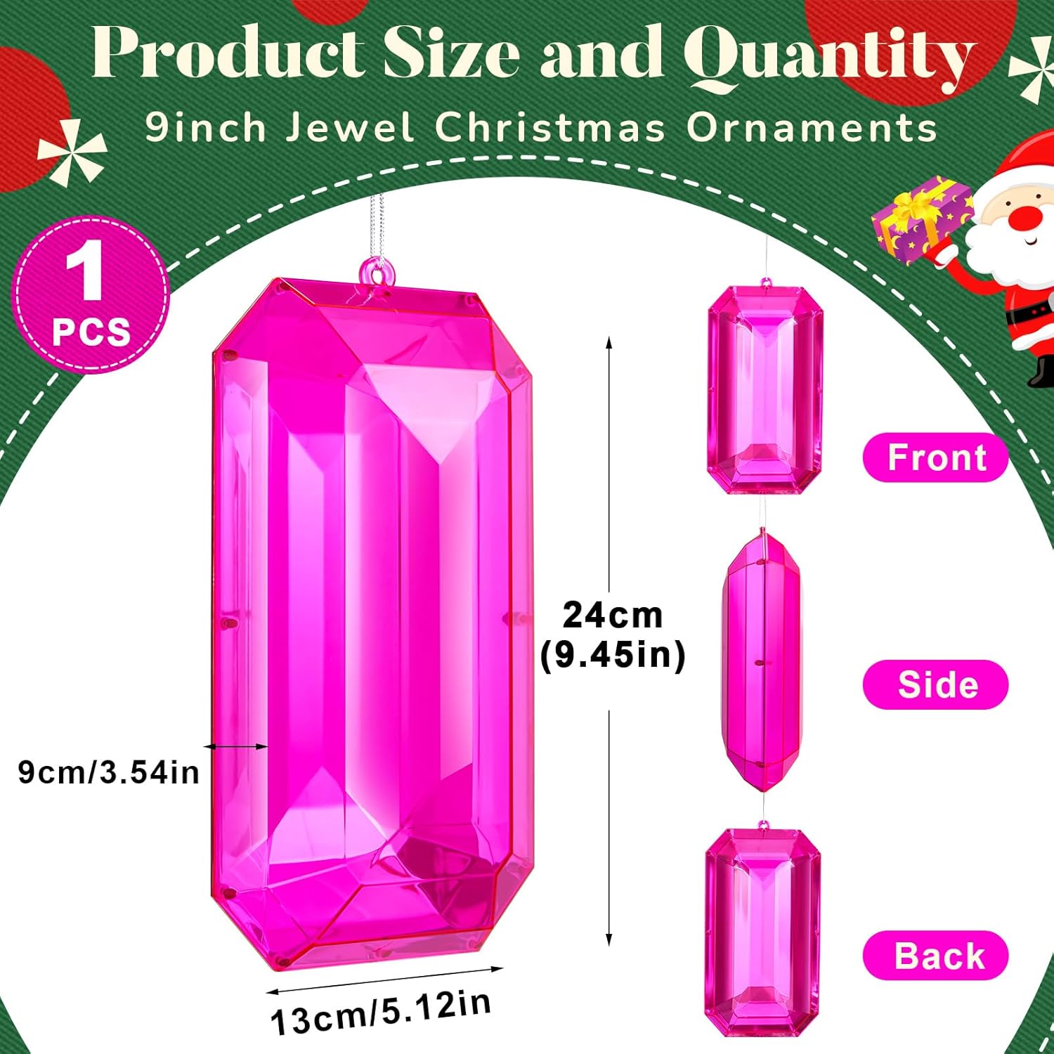 Syhood 9.5 Inch Jumbo Jewel Ornament Large Jewel Ornaments for Christmas Tree Acrylic Glitter Christmas Gem Hanging Decorations for Xmas Wedding Holiday Party Decor(Pink, Rectangle) - Image 2