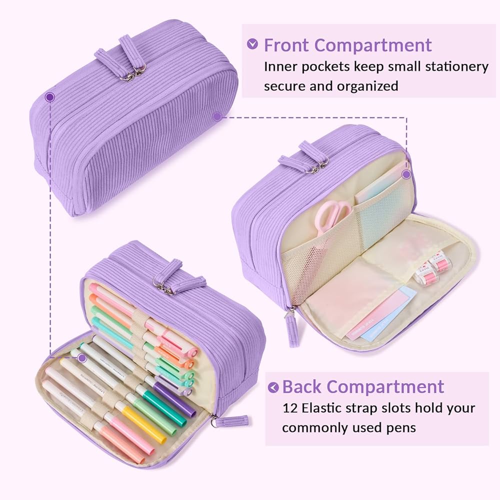 KALIDI Corduroy Pencil Case Large Pen Bag Stationery Pouch For Teenage Boys Girls School College, Grey, Pencil Case