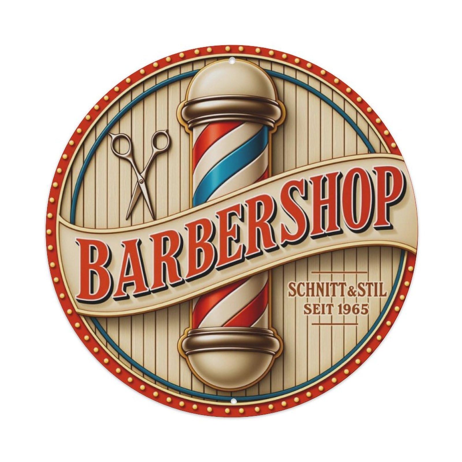 Vintage Barbershop Pole Scissors German Text Round Wall Sign Vintage Aluminium Metal Sign, Retro Wall Decor for Home, Bar, Garage & Farmhouse 20x20cm