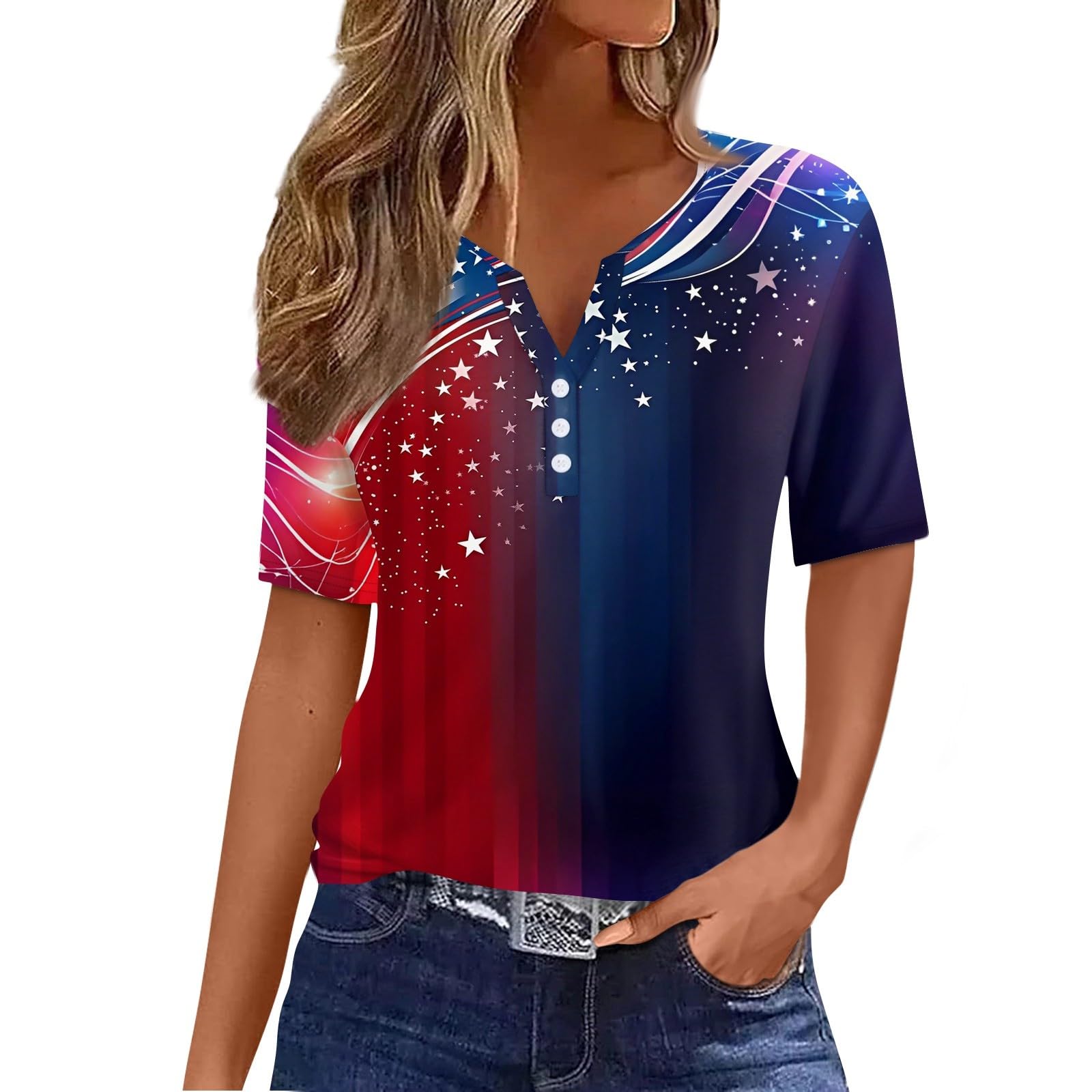 4th of July Shirts Women Short Sleeve Button Henley V Neck Patriotic Tops American Flag Stars and Stripes Tee Tops