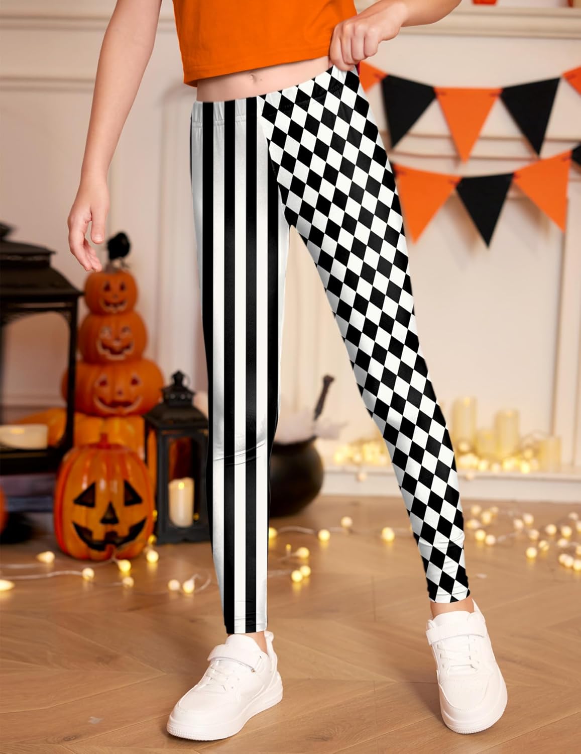 Girls Halloween Stretchy Circus Clown Leggings Graphic Lightweight Elastic Band Tight Pants White & Black Stipes 9-10 Years - Image 3