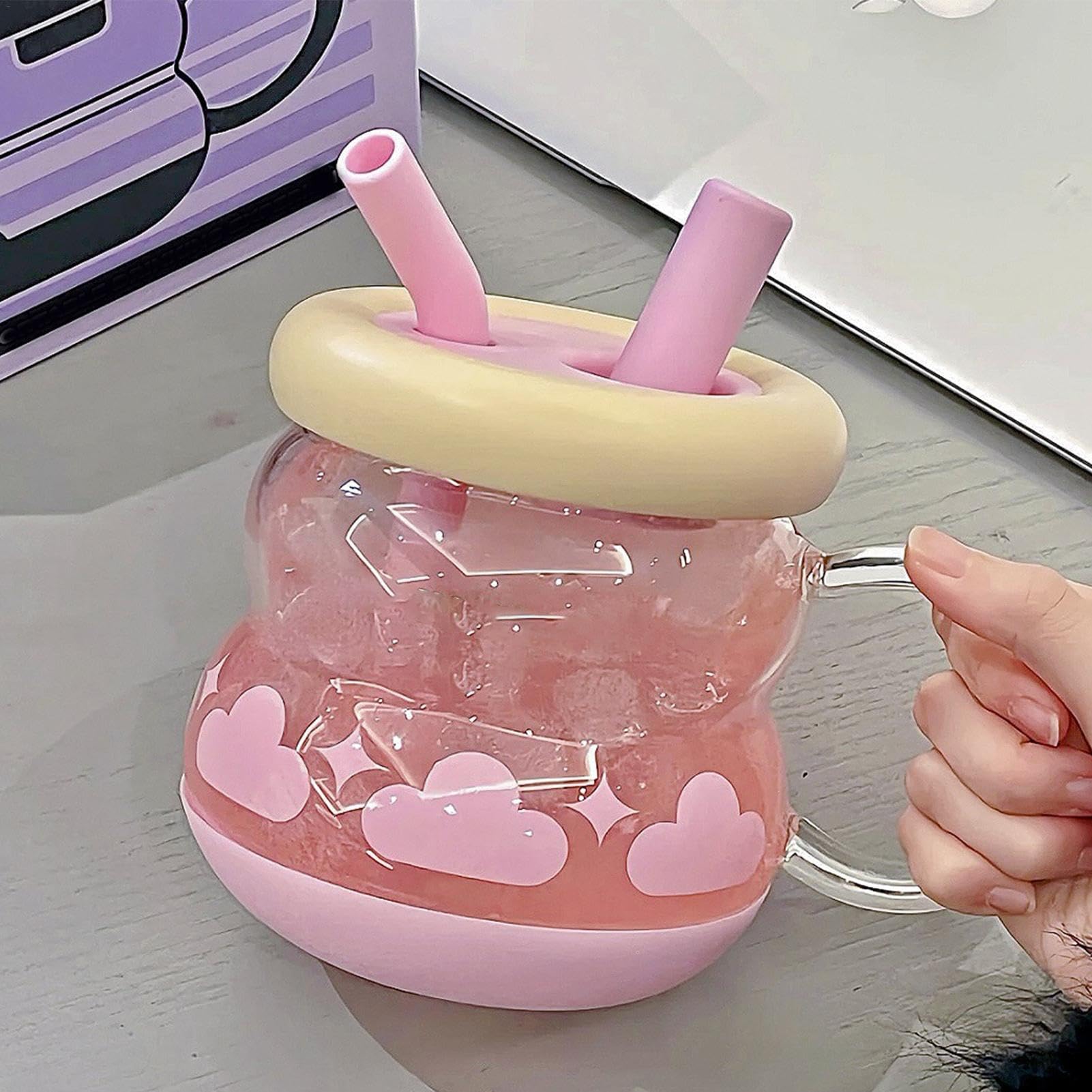 Glasbecher mit Deckel, Glasbecher mit Deckel und Strohhalmen - Tragbare 920 ml Becher mit Deckel - Niedliche Glasbecher Auslaufsicher Trinkgläser - Kalkfeste Trinkgläser