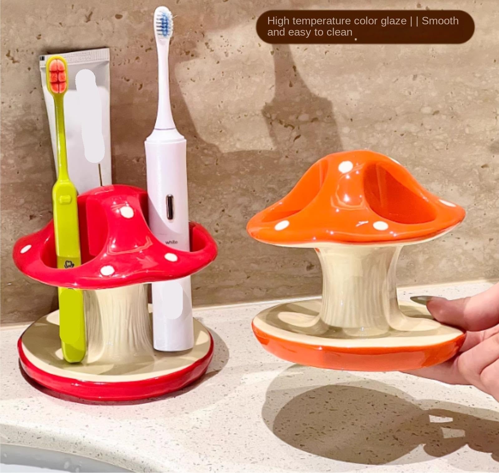 Organisateur Brosse À Dents Porte-Brosse À Dents en Céramique Forme De Champignon, Décoration Rangement Dentifrice Salle Bains Accessoires De Salle De Bain(Oranje)