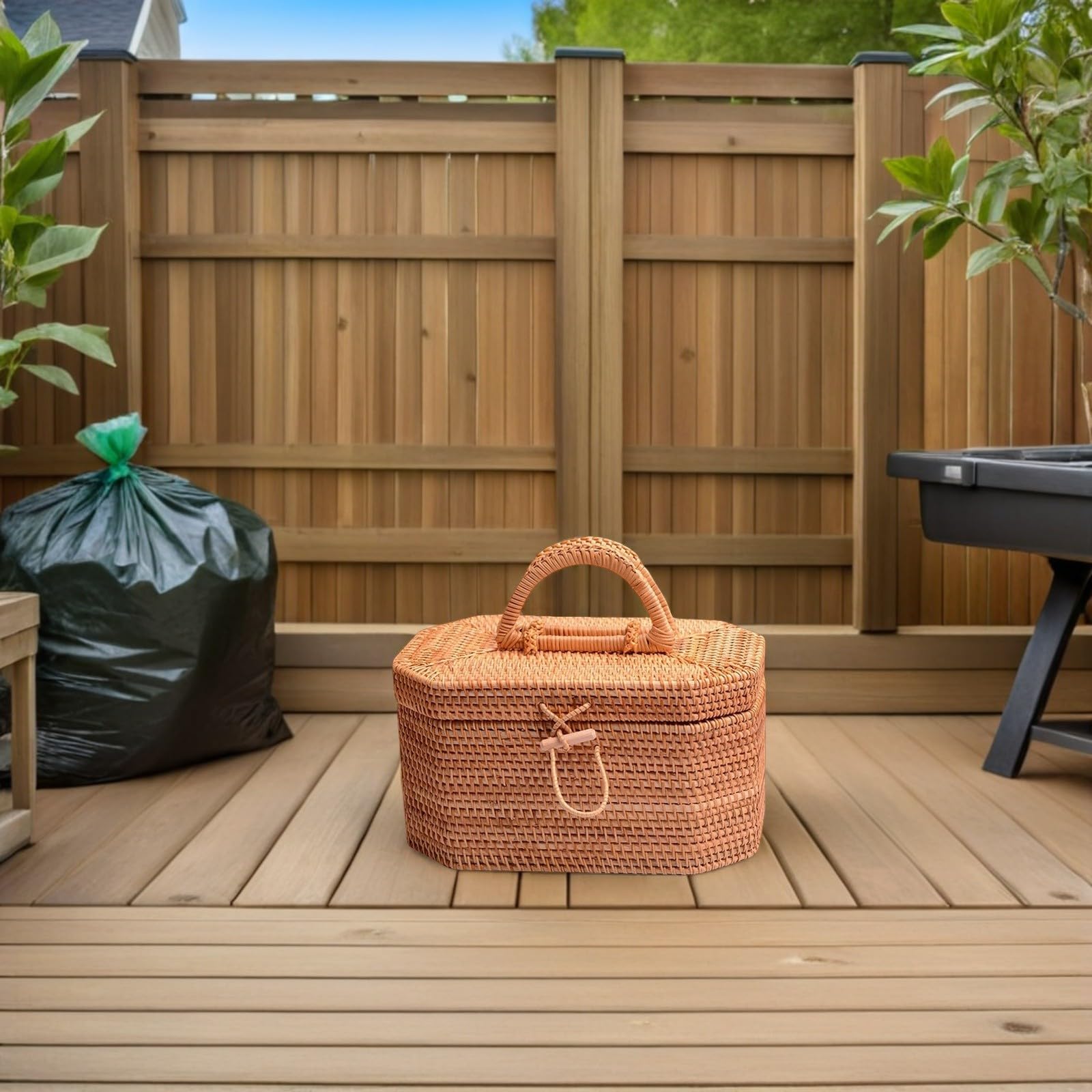 Cesto Intrecciato Portatile Coperchio in Legno, Colore Kaki