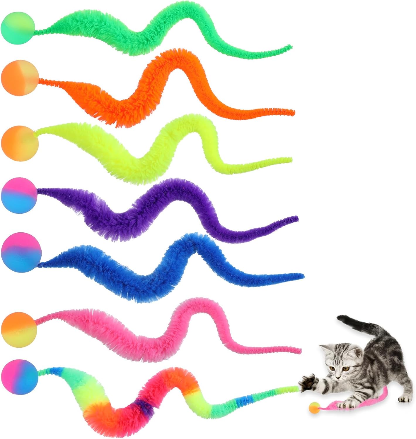 7pcs Bouncy Balls for Cats, Colorful Magic Worm with Ball, Interactive Cat Toy Balls, Twisty Fuzzy Worms for Cats Party Favors, Rainbow Colors