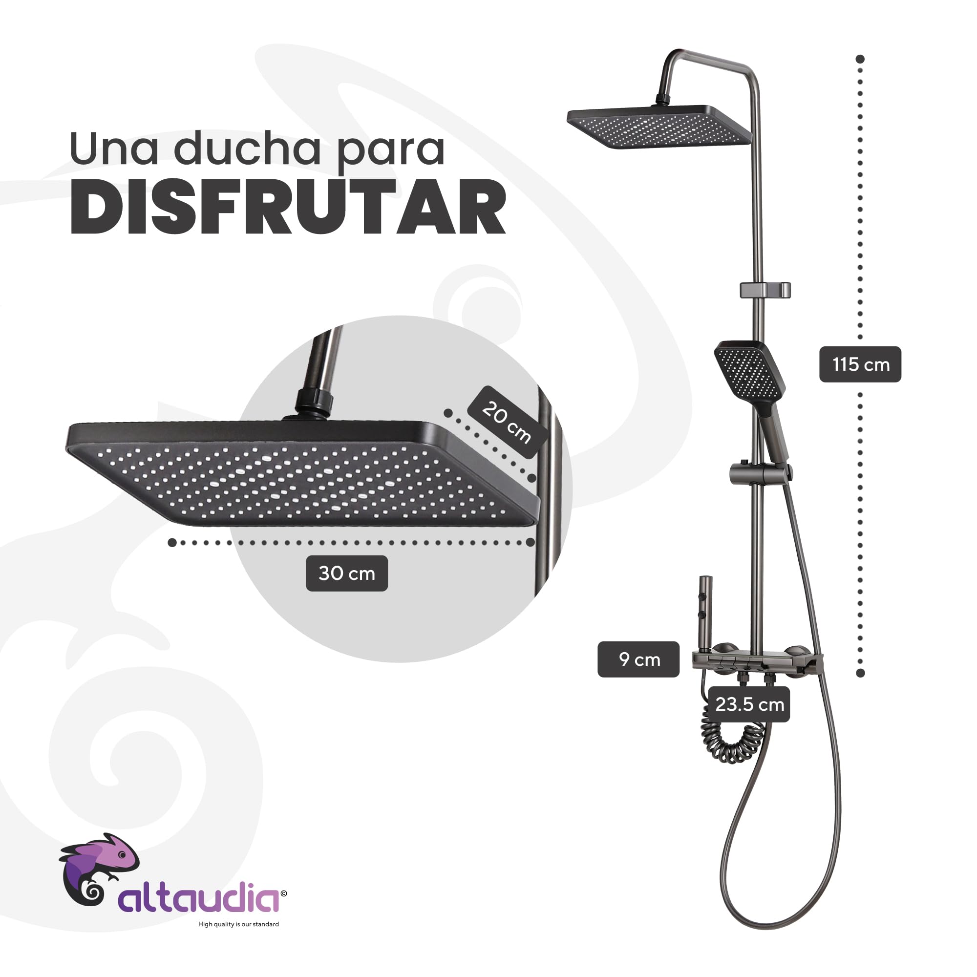 Altaudia Columna de Ducha Termostática con Pantalla LED - 4 Vías Agua (Lluvia 30×20cm, Teleducha, Spray 3 Modos, Chorro) Material Inox/ABS, Izq. Caliente/Der. Fría, Altura Regulable (Negro) — view 2