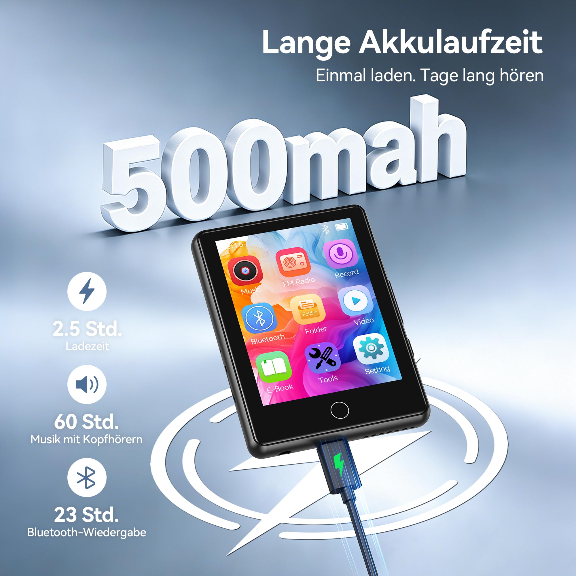AGPTEK 64 GB MP3 Player Bluetooth 5.3, 2,8 Zoll Full-Touchscreen Musik Player, 60 Stunden Tragbarer HiFi Kinder MP3-Player mit Lautsprecher, FM-Radio, E-Book, Unterstützung bis zu 128 GB, Schwarz