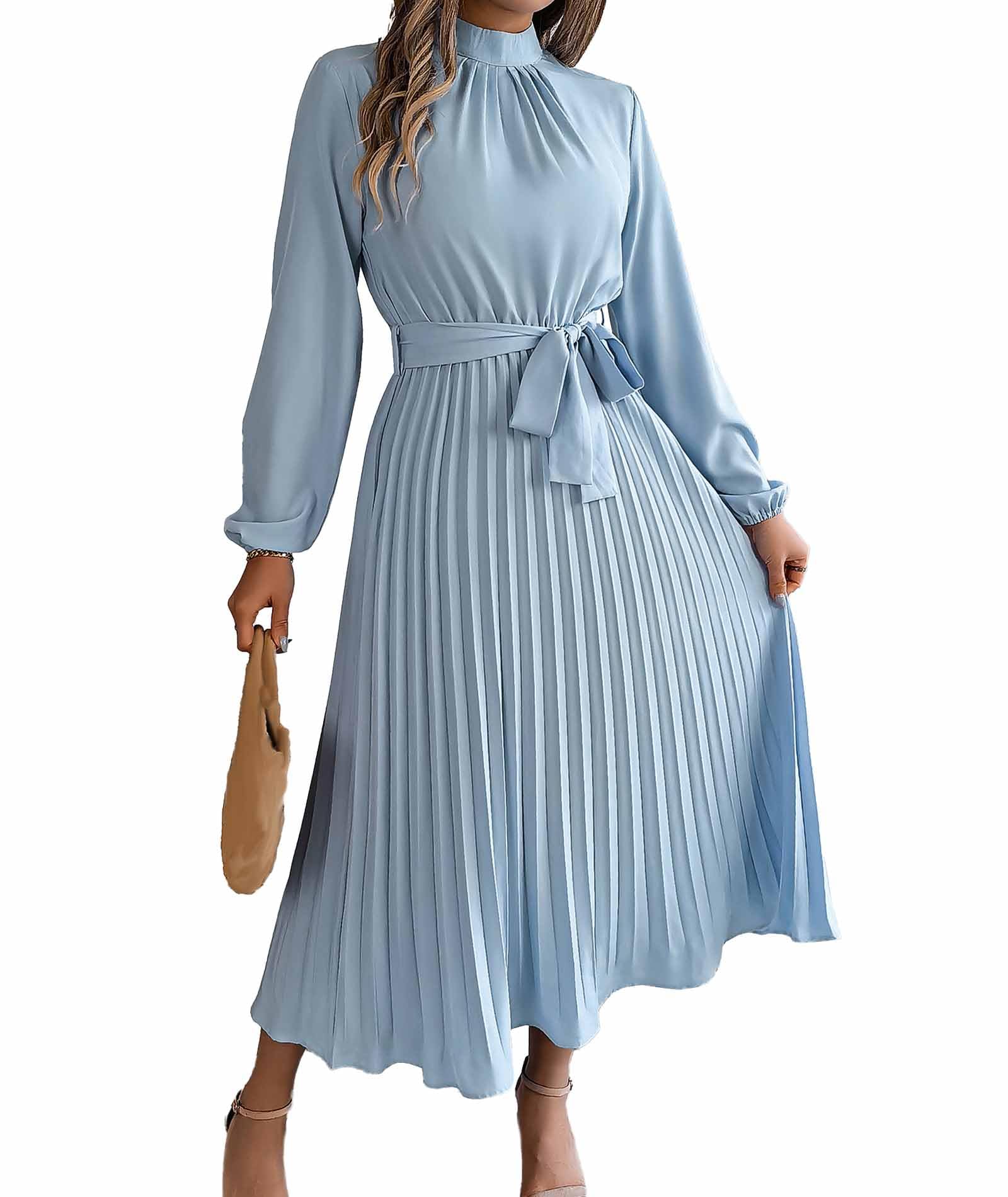 Sexyshine Women's Mock Neck Long Sleeve Pleated Chiffon Long Dress High Waist Belted Flowy A Line Cocktail Party Dress