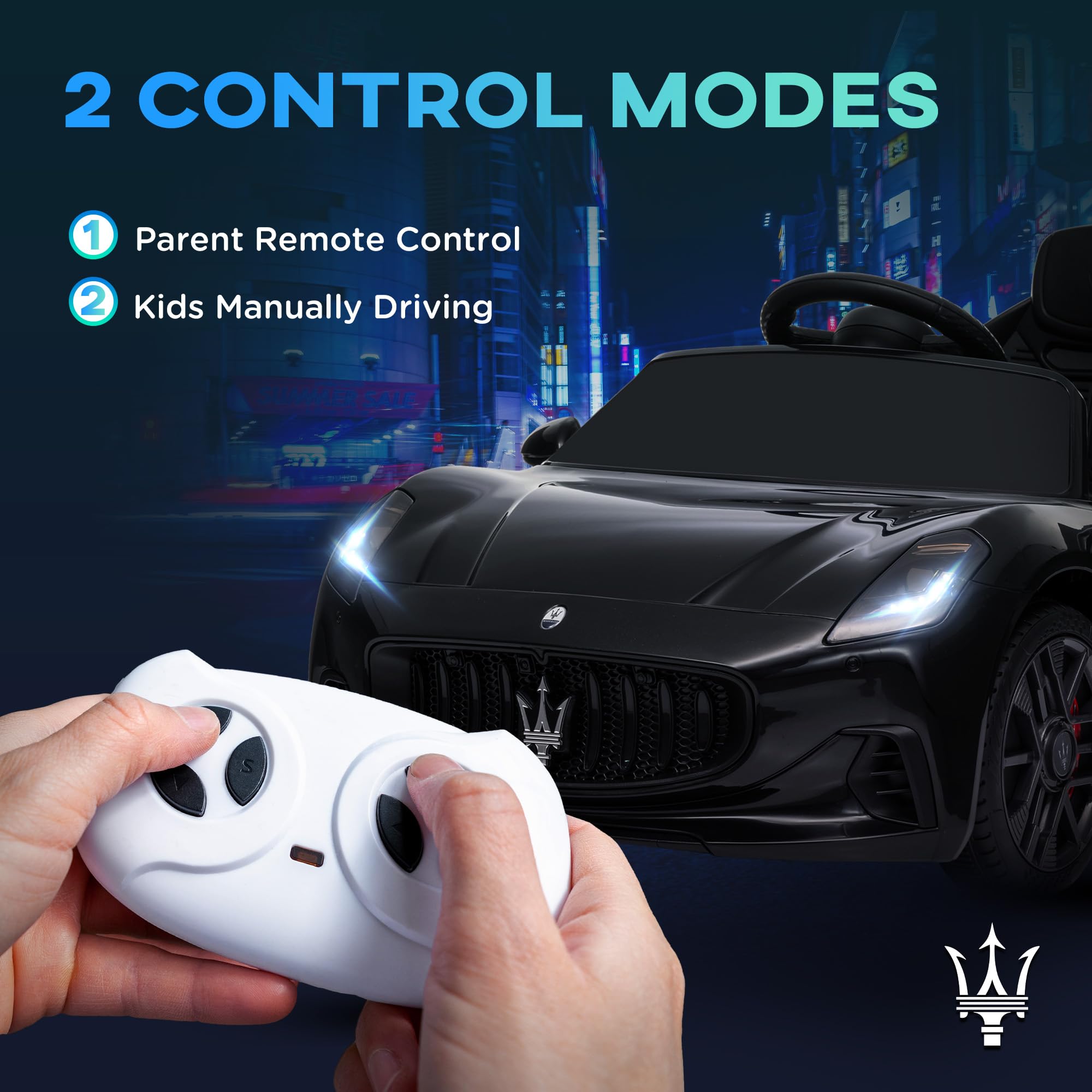 AIYAPLAY Maserati Gran Turismo Folgore con licenza elettrica per bambini, veicolo elettrico a 12V con telecomando 2.4G, fari a LED, musica, clacson, MP3, auto per bambini da 3 a 5 anni, nero
