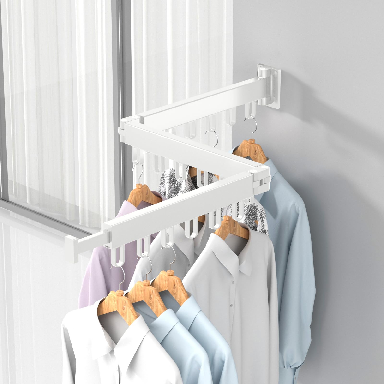 Ausziehbarer Wäscheständer Wandmontage Wäscheständer mit Haken Platzsparend für Balkon, Wäsche, Badezimmer, Schlafzimmer(Weiß, 3 Faltbare Racks)