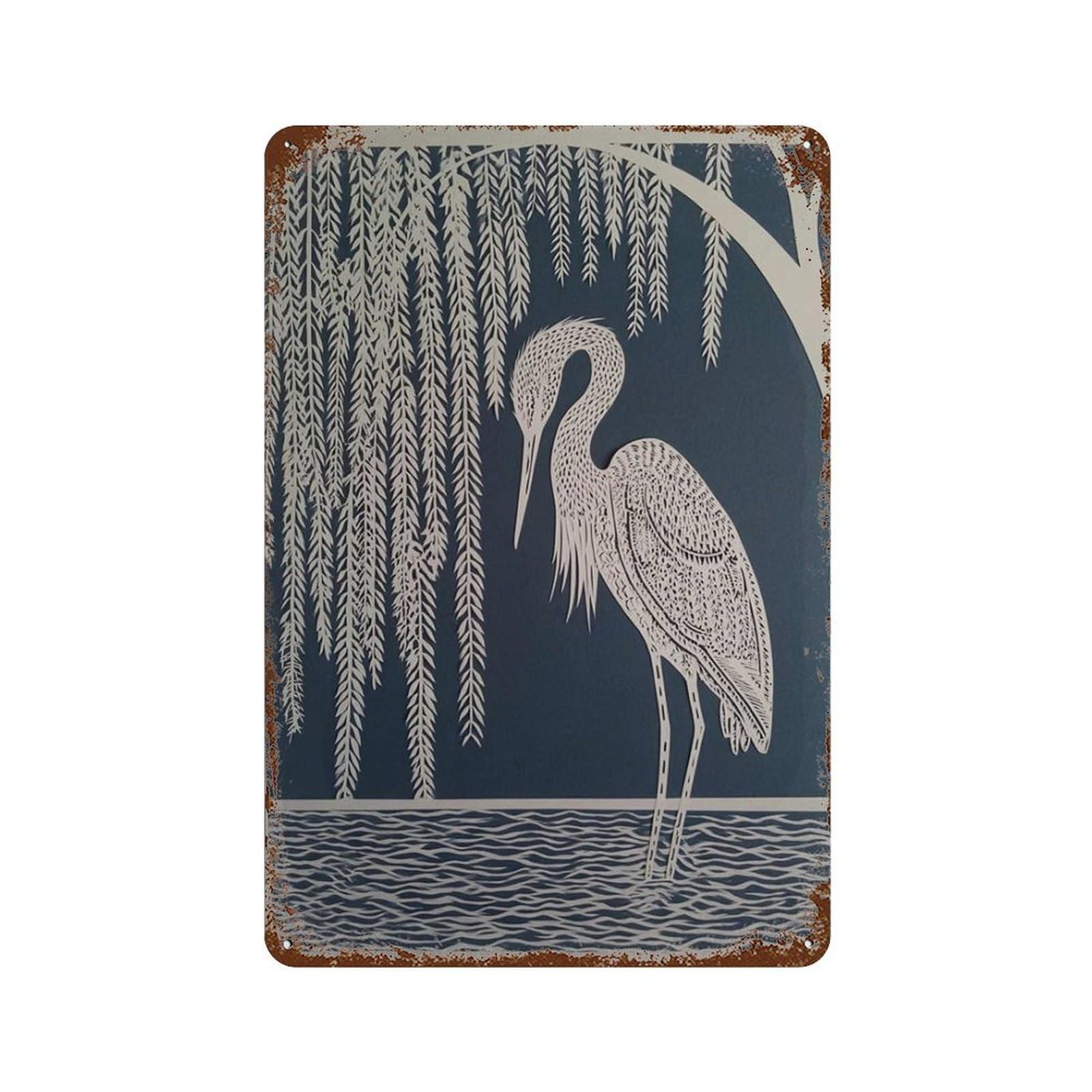 xiaoxiaoshen Heron Japanese Minimalist Bird Elegant Nature Blue Botanical Modern Wildlife Wall Decor Art Metal Tin Poster Modern Home Decor Art Home Bar Shop Decorations Vintage Sign 30x20cm