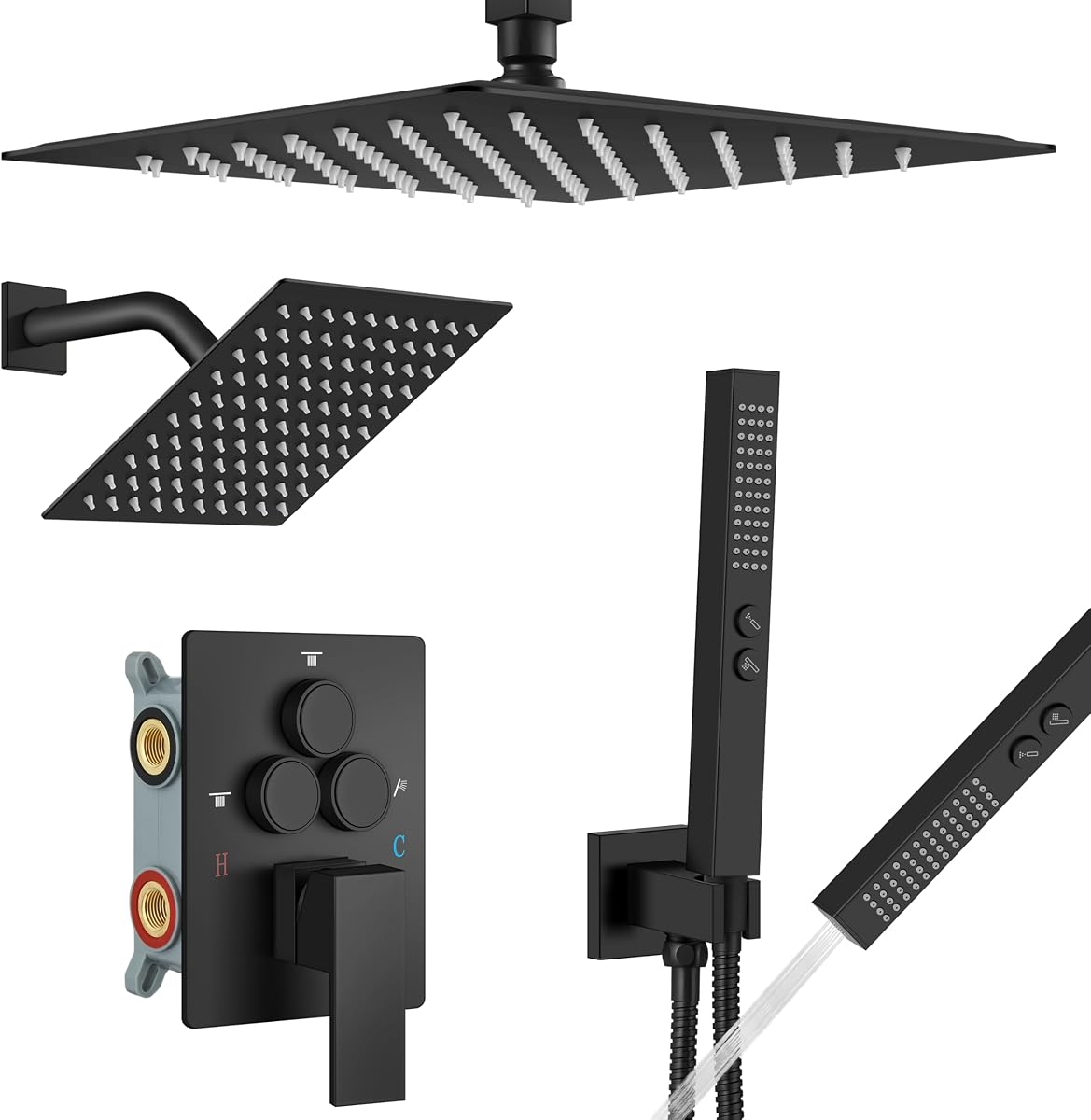 Aolemi Shower Faucet Set Ceiling Mount Shower System Rough-in Valve and Shower Trim Kit 2 in 1 Handheld Spray Push Button Diverter 12 and 6 Inch Dual Shower Head Matte Black