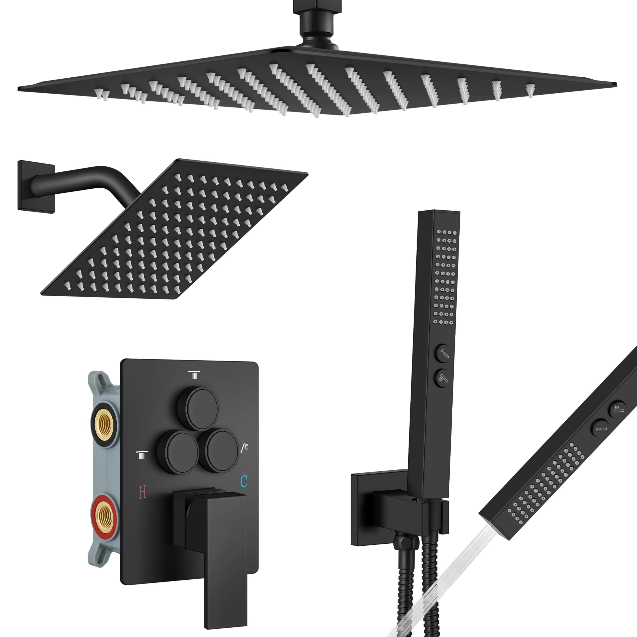 Matowy czarny system prysznicowy do montażu sufitowego 30 cm i 15.6 cm podwójne głowice prysznicowe 2 w 1 ręczny zawór i zestaw wykończeniowy przełącznik przyciskowy do łazienki ulepszenie