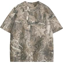 Camo Leaf Print Y2k Loose Fitting T-Shirts Graphic Spring Outfits Casual Shirts Cargo Tee Tops for Women Men XX-Large